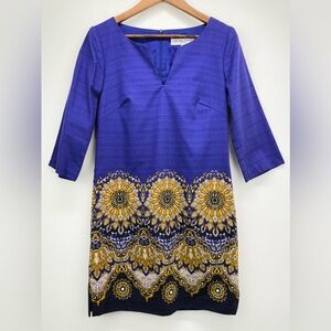 Trina Turk size 6 Women’s Purple Yellow Gold Floral 3/4 Sleeve V-neck Dress
